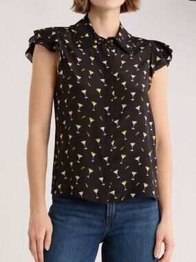 Alice + Olivia Black Martini & Olive Print Tuffle Silk Top NWT